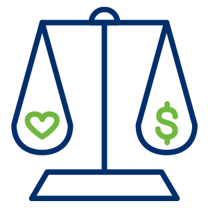 a blue and green balance scale with a heart and dollar sign
