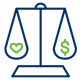 a blue and green balance scale with a heart and dollar sign