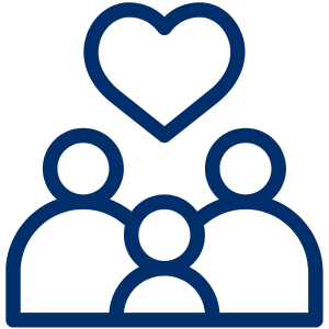 a blue line drawing of a group of people with a heart above them