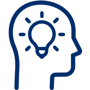 a blue line drawing of a head with a light bulb inside