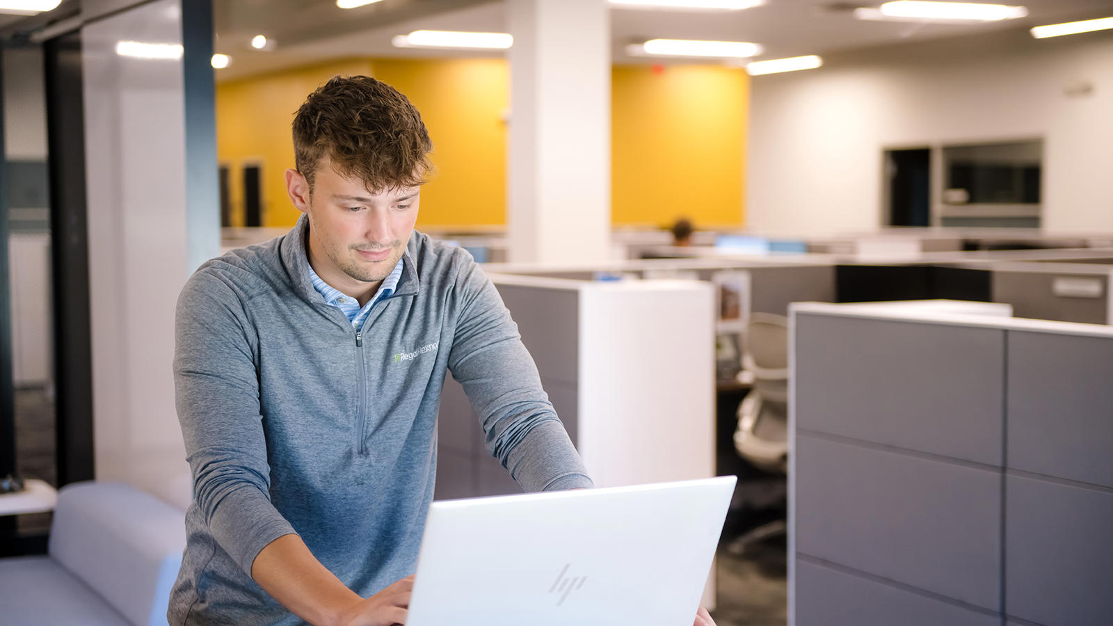 a person sitting at a desk using a laptop