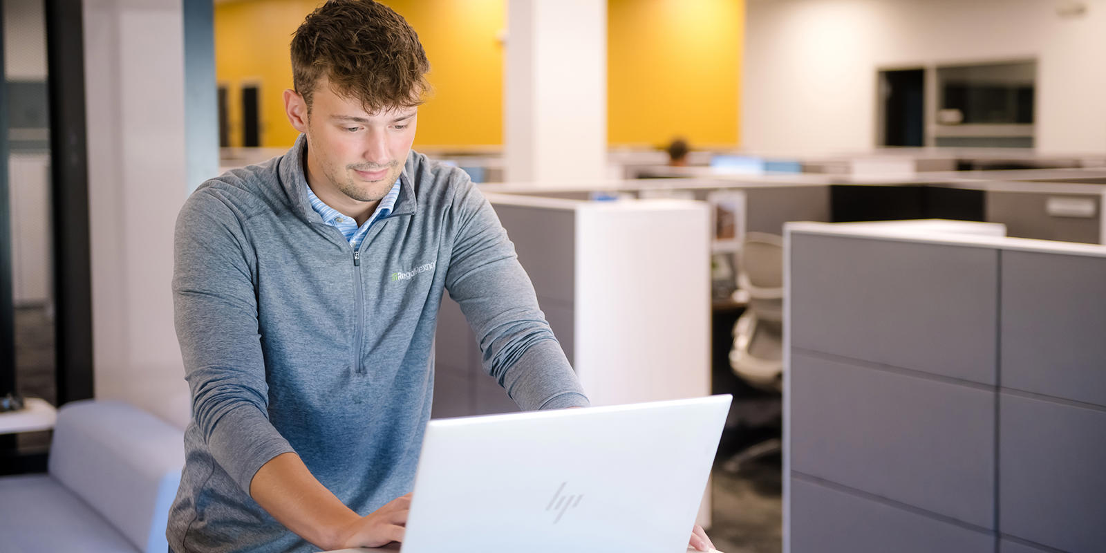 a person sitting at a desk using a laptop