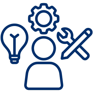 a blue line drawing of a person with tools and a light bulb