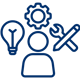 a blue line drawing of a person with tools and a light bulb