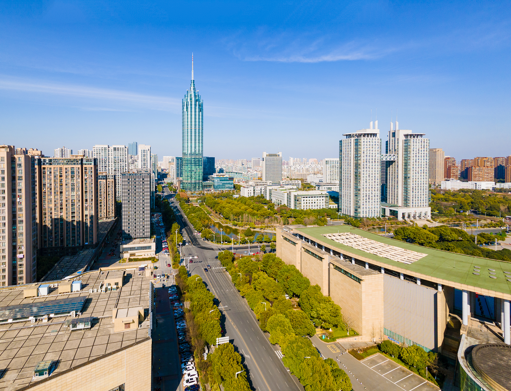 a city with trees and buildings