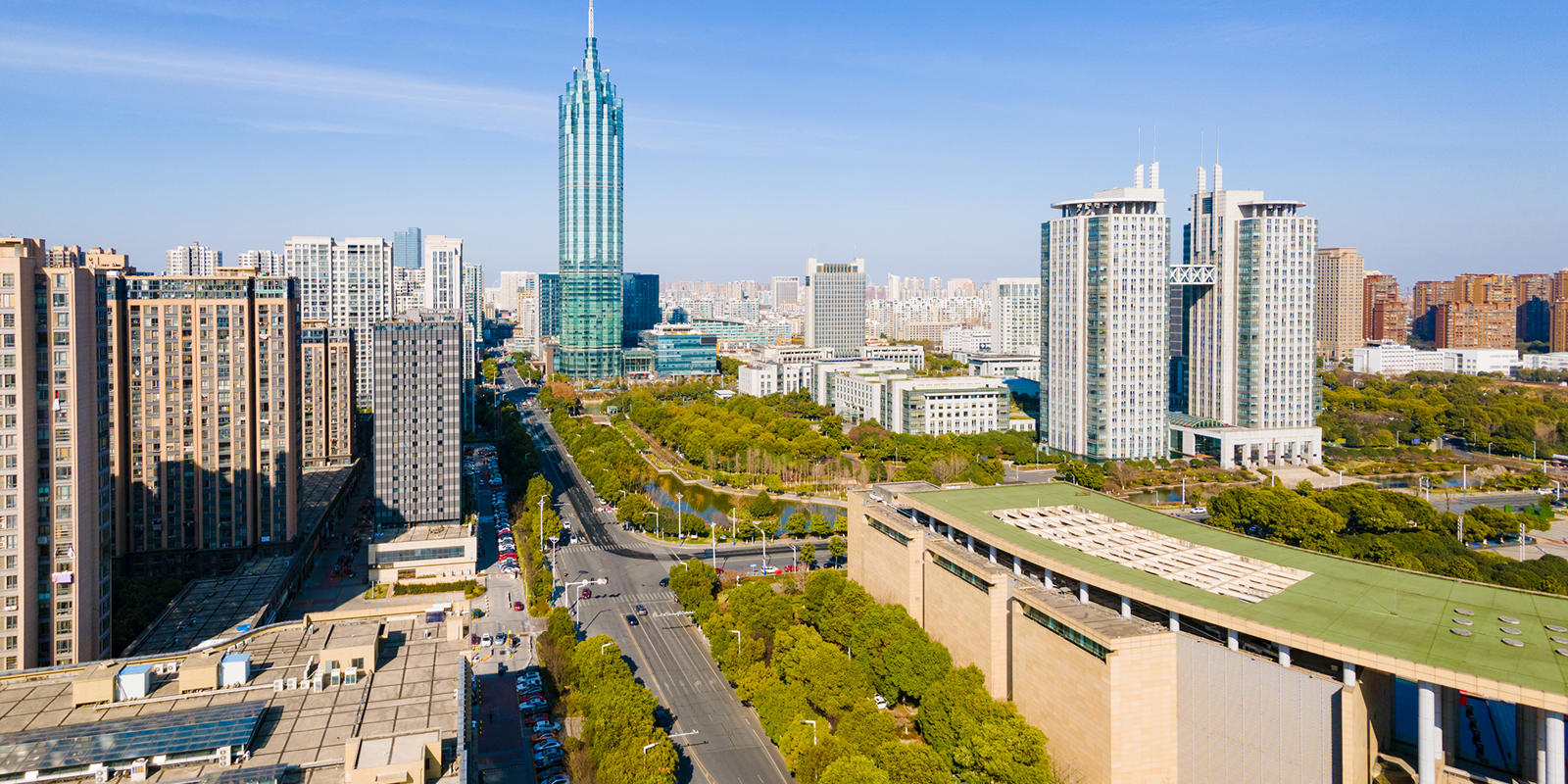 a city with trees and buildings