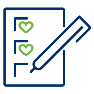a blue and green outline of a paper with a pen