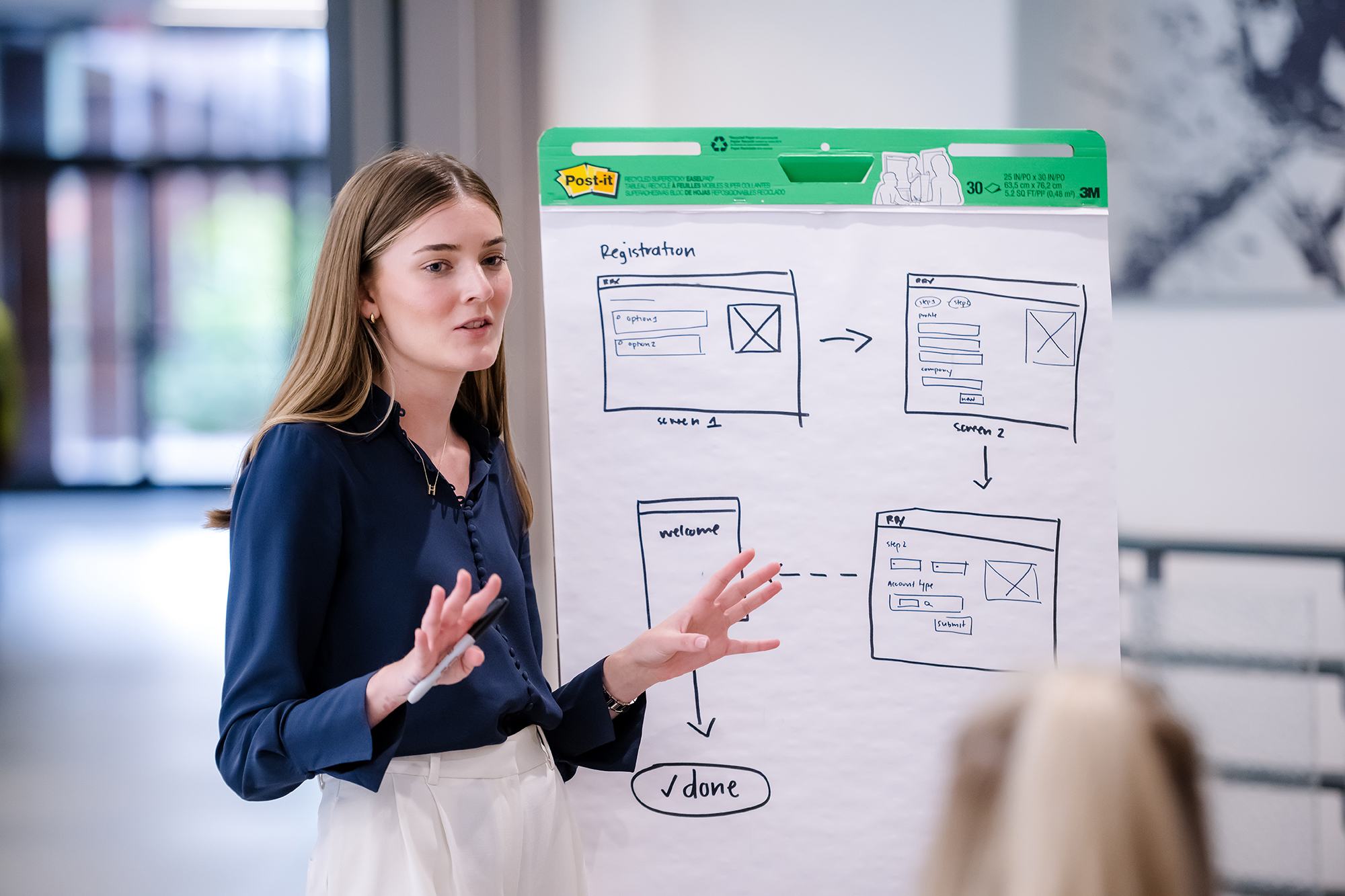 a person standing in front of a whiteboard