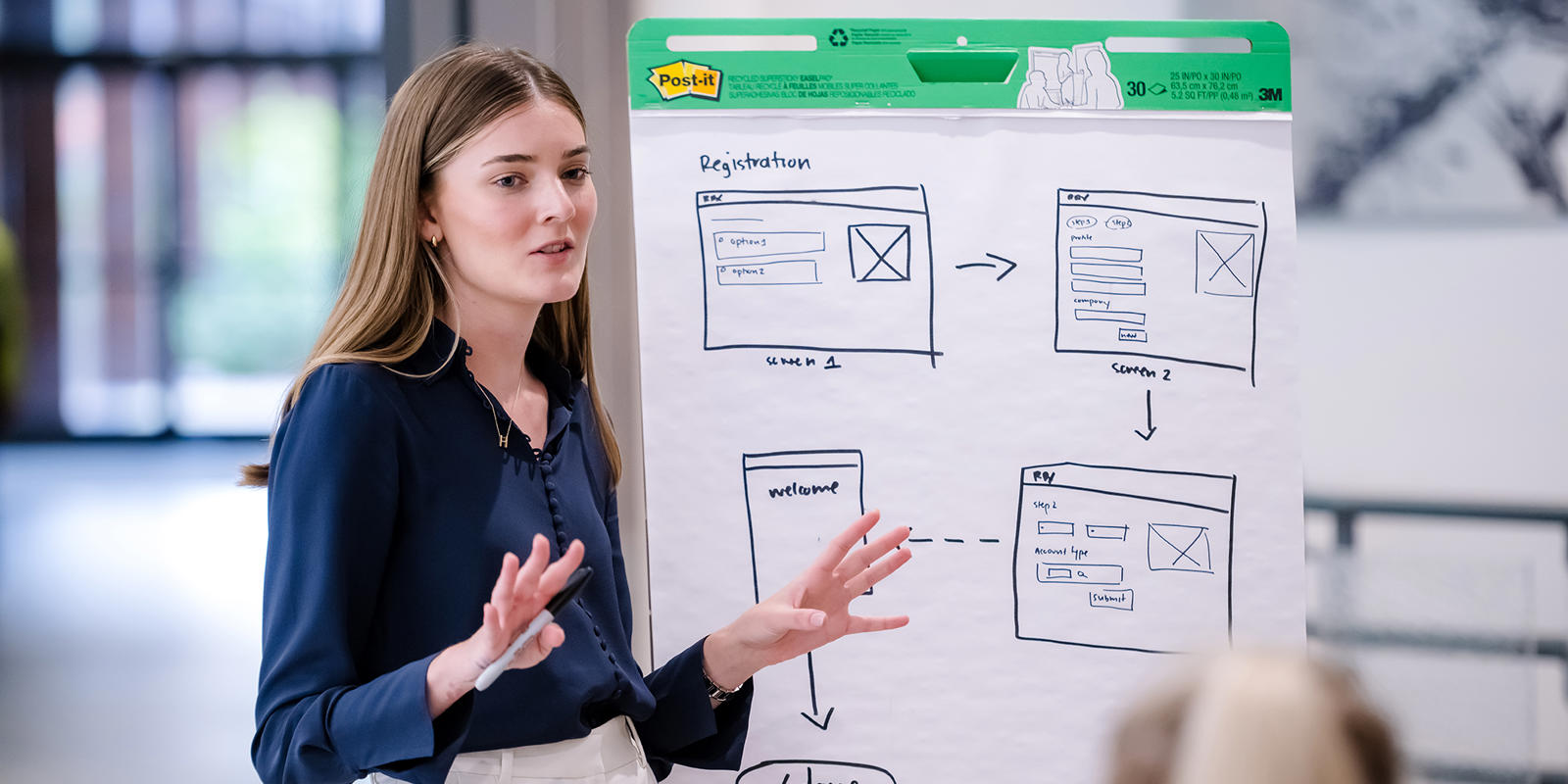 a person standing in front of a whiteboard